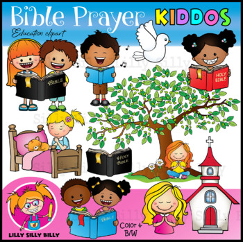 Preview of Bible Prayer Kiddos - B/W & Color clipart illustration {Lilly Silly Billy}