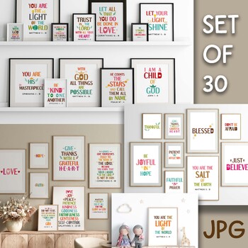 Preview of Bible memory verses posters bundle for Christian classroom. Retro Set of 30