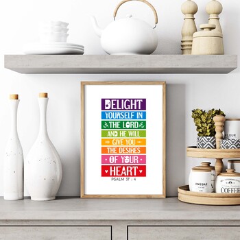 Preview of Bible quote poster decor. Delight yourself in the Lord. Stripes rainbow colors