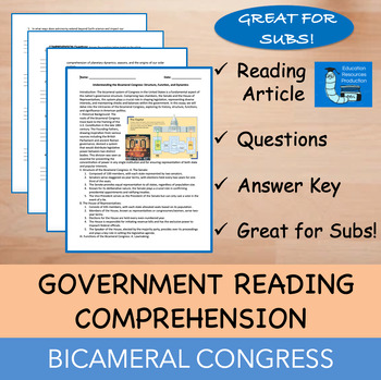 Preview of Bicameral Congress - Reading Comprehension Passage & Questions
