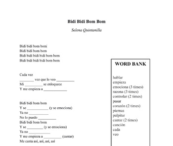 Preview of Bidi Bidi Bom Bom Cloze Activity with Word Bank