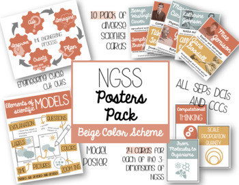 Preview of Boho Beige NGSS Posters: Diverse Scientists, 3-D Standards Cards, and more!
