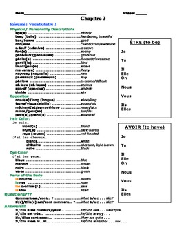 Preview of Bien Dit Level 1, Chapter 3 VOCABULARY SHEET