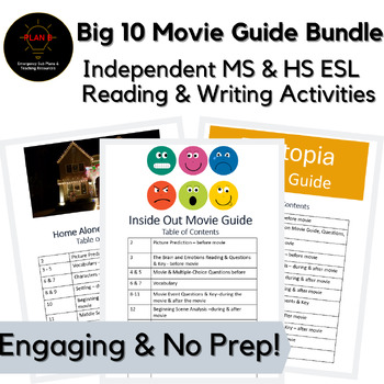 Preview of Big 10 No Prep Movie Guide & Activity Packs Middle & High School ESL Sub Ready