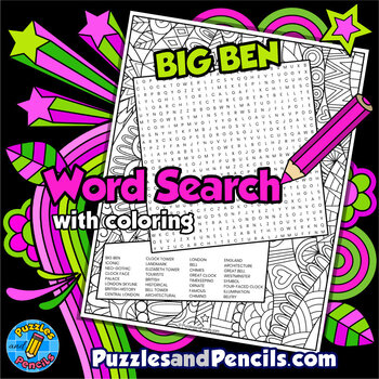 Big Ben Word Search Puzzle with Coloring World Landmarks Wordsearch