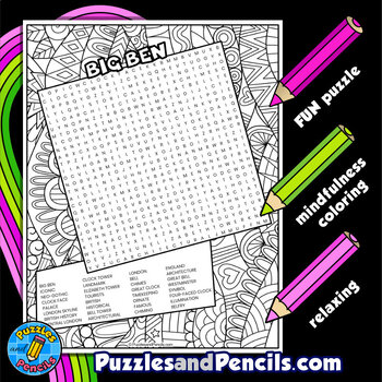 Big Ben Word Search Puzzle with Coloring World Landmarks Wordsearch
