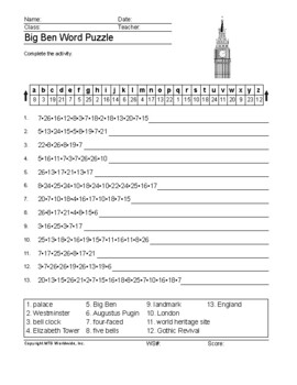 Big Ben Word Search Worksheet and Printable Vocabulary Puzzles TPT