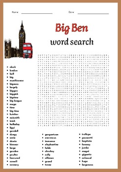 Big Ben word search Puzzle worksheet activities for kids TPT