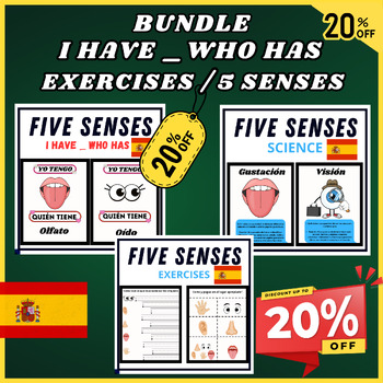 Preview of Big Bundle Five Senses Facts, I HAVE _WHO HAS, EXERCISES, 5 Senses, Spanish