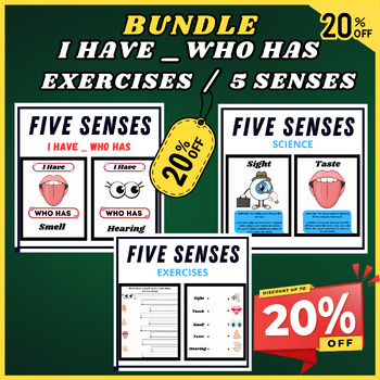 Preview of Big Bundle Five Senses Facts, I HAVE _WHO HAS, EXERCISES, 5 Senses, Worksheets