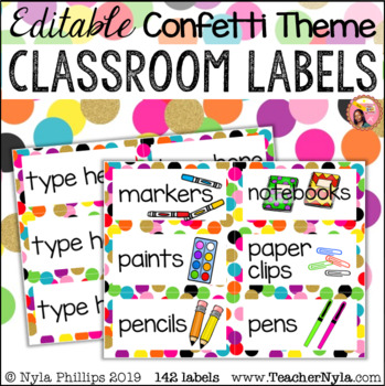 Preview of Confetti Classroom Labels Editable with Pictures - Big Dots