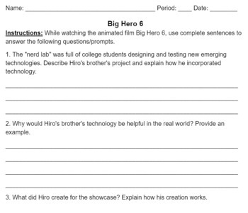 Preview of Big Hero 6 Movie Questions and Word Search