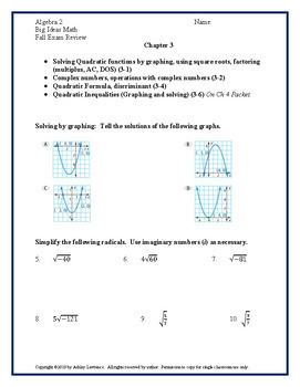 Big Ideas Math Algebra 2 Exam Review Chapter 3--editable By Ashley Lawrence