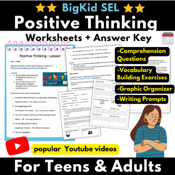 Preview of Big Kid SEL (Teens-Adult): Positive Thinking Lesson Worksheets + Answer Key