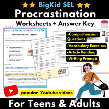 Preview of Big Kid SEL (Teens-Adults): Procrastination Video Lesson Worksheets + Answer Key