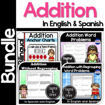 Preview of Addition Worksheets & Word Problems Bundle English & Spanish DIGITAL LEARNING