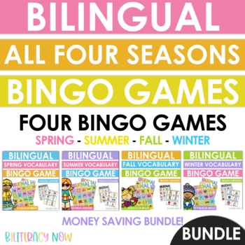 Preview of Bilingual All Four Seasons Vocabulary Bingo Games - Juegos de Lotería - BUNDLE