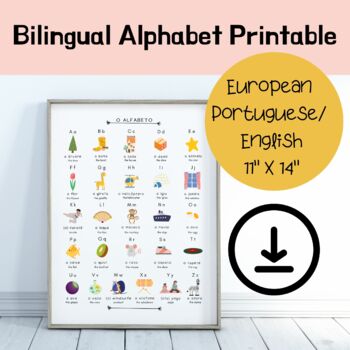 Preview of Bilingual Alphabet Poster, European Portuguese First Words, Wall Decor