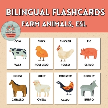 Preview of Bilingual Flash Cards ESL Spanish Farm Animals Theme