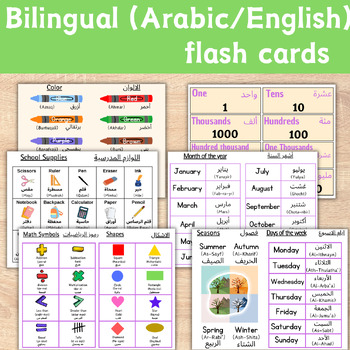 Preview of Bilingual Arabic/English Flash Cards Basic Vocabulary School Math