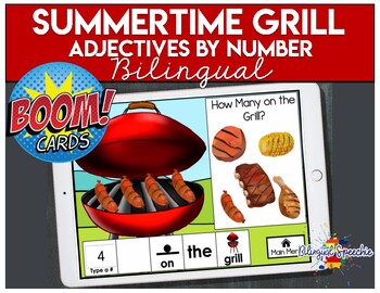 Preview of Bilingual BOOM Cards | Summertime Adjectives by Number | for Speech Teletherapy