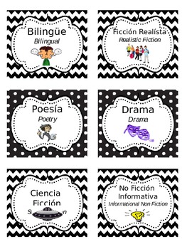 bilingual book genre labels chevron polka dots