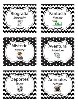 Preview of Bilingual Book Genre Labels (Chevron & Polka Dots, Editable)