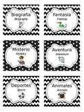 Bilingual Book Genre Labels (Chevron & Polka Dots, Editable)