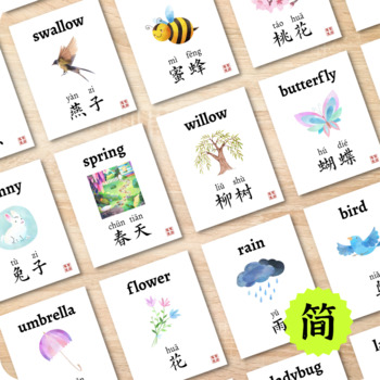 Preview of Simplified Chinese Spring Flashcards - Printable Bilingual Seasons Cards 春天双语卡片