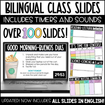Preview of Bilingual Class Slides - Slides with Timers - Classroom Slides - Must Do May Do