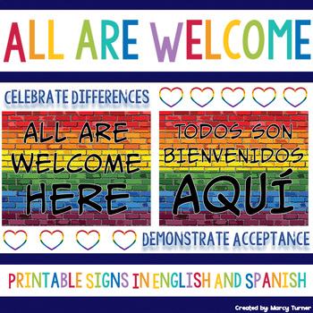 Preview of Bilingual Classroom Décor | All Are Welcome Here | Spanish Pride Printable Signs