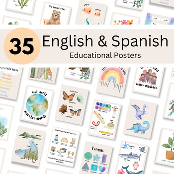 Preview of Bilingual Classroom Decor Bundle, English and Spanish Printable Wall Art