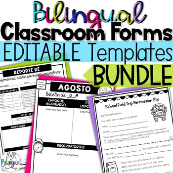 Preview of Bilingual Classroom Forms & Templates Bundle Editable in Spanish and English