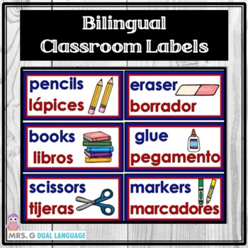 Preview of Bilingual / Dual Language Classroom Labels English and Spanish with pictures