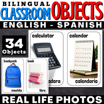 Preview of Bilingual Classroom Objects & Labels: English & Spanish Vocabulary printables