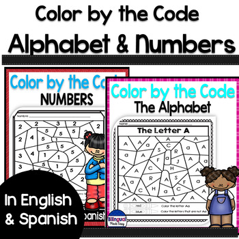Preview of Bilingual Color by Code Worksheets - Alphabet & Numbers in English & Spanish