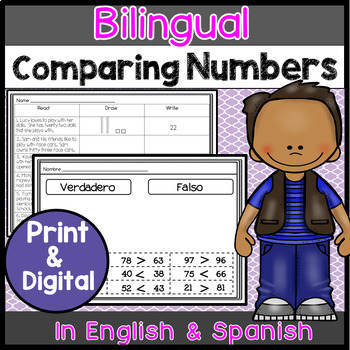 Preview of Comparing Numbers Worksheets in English & Spanish Digital Learning