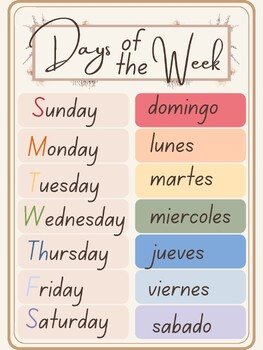 Preview of Bilingual Days of the Week (Chart)