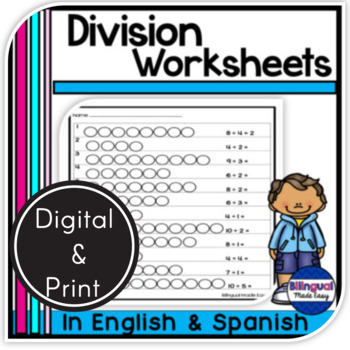 Preview of Bilingual Division Worksheets in English & Spanish DIGITAL LEARNING