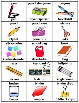 Preview of Bilingual ESL Classroom Supply Flashcards Labels English and Danish (122 Word)