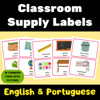 Preview of Bilingual - Classroom Labels with Pictures | English & Portuguese