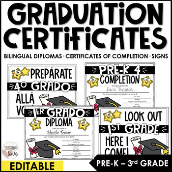 Preview of Bilingual Editable Graduation Diplomas & Certificates | PreK - 3rd Grade