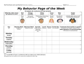 Preview of Bilingual Elementary Behavior Chart for Spanish and English speaking parents