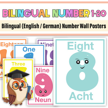 Preview of Bilingual English & German  Number Flashcards 1 - 20  for September, Pre-K and K