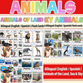 Preview of Bilingual (English / Spanish ) Animals of the Land, Sea & Sky Flashcards