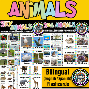 Preview of Bilingual (English / Spanish ) Animals of the Land, Sea & Sky Flashcards
