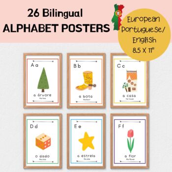 Preview of Bilingual European Portuguese Alphabet Posters I Rainbow Colors Classroom Decor