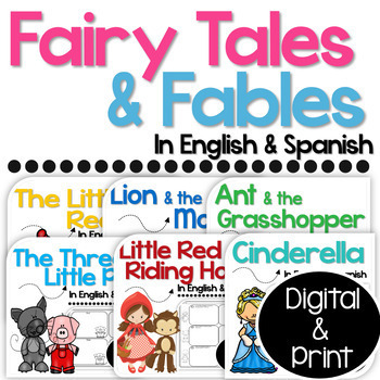 Preview of Fairy Tales Fables Worksheets & Anchor Charts English Spanish DIGITAL LEARNING