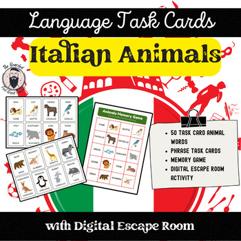 Preview of Italian/English Flashcard, Memory Game, and Digital Escape Room Set: Animals