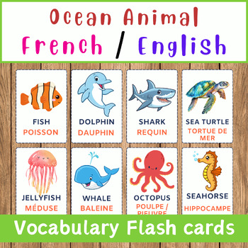 Preview of Bilingual (French/English) Flashcards for Ocean Animal  Vocabulary